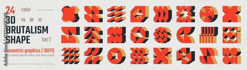 3d Color postmodern abstract geometric graphic elements, Brutalist vector shapes, Refraction and distortion glass effect various form, isometric trendy design symbols in Y2K aesthetics set 2