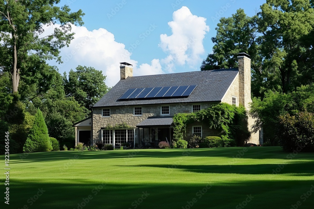 Charming stone house with solar panels set in a lush landscape Charming stone house with solar panels set in a lush landscape