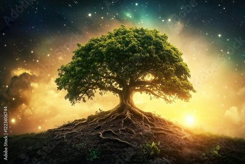 Majestic tree under a starry sky with cosmic backdrop