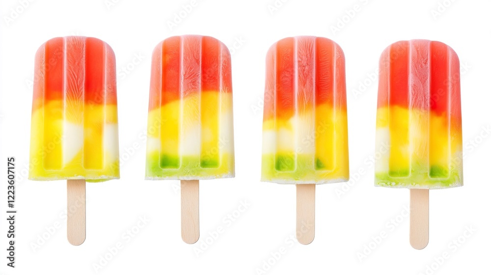 Colorful Layered Ice Pops in Rainbow Shades on White Background Colorful Layered Ice Pops in Rainbow Shades on White Background