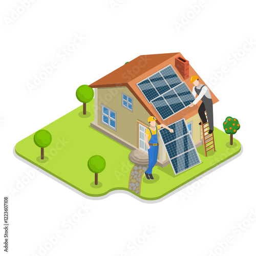 3D Isometric Flat Vector Illustration of Going Solar , Solar Energy Process from Beginning to End. Item 3