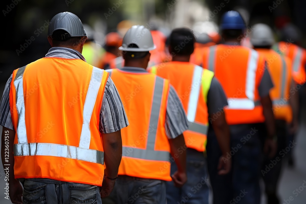 Fototapeta premium Construction Workers in Safety Vests Walking on Site Teamwork Safety Gear Hard Hats