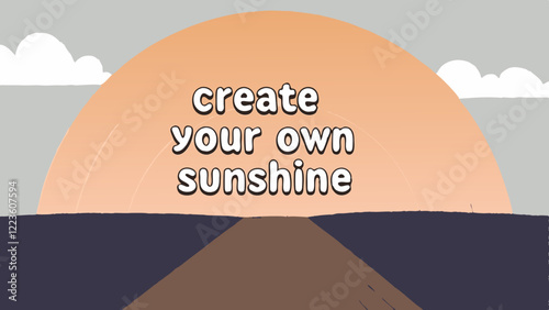 Minimalist vector art print featuring sun and organic shapes with inspirational caption “Create your own sunshine”.