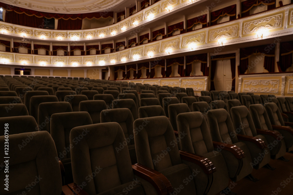 Fototapeta premium Rows of gray comfortable seats in theatre