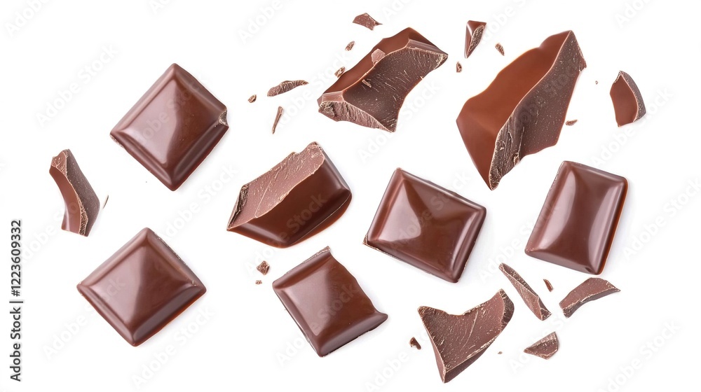 Brown chocolate pieces and shards on a white background Brown chocolate pieces and shards on a white background