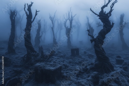 An eerie fog envelops a forest of twisted, leafless trees. The ground is littered with remnants of human artifacts, enhancing the unsettling and mysterious ambiance of this forsaken place photo