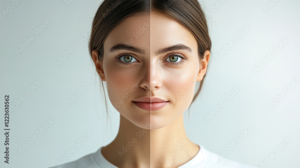 Before & After Tanning Woman's Face, Studio Shot, Skincare Comparison Before & After Tanning Woman's Face, Studio Shot, Skincare Comparison