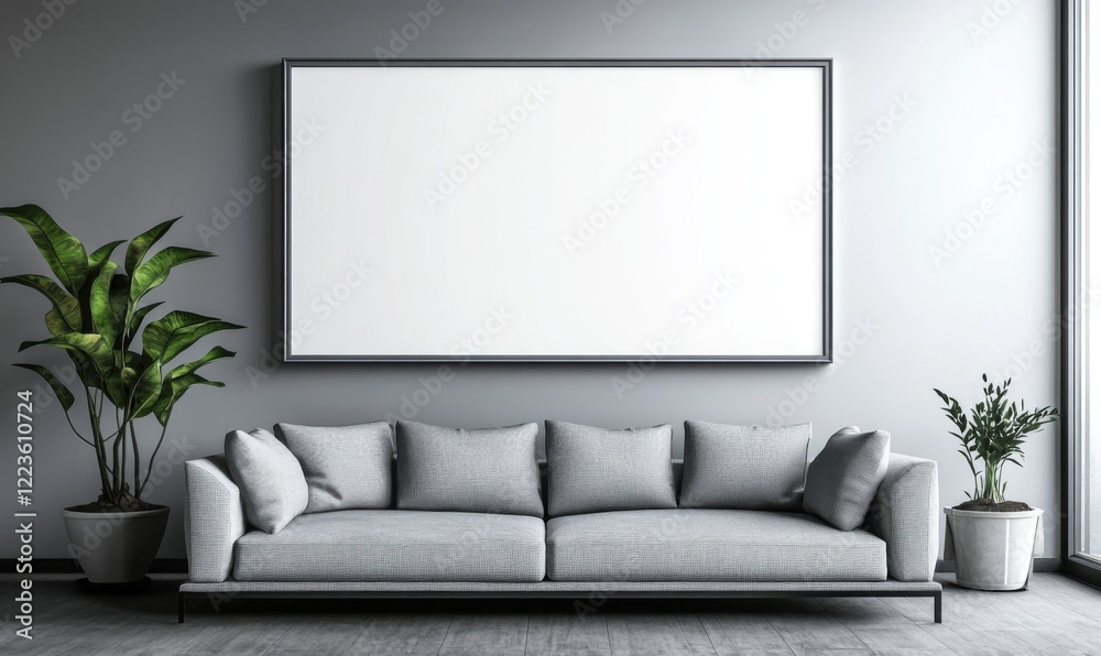 A mockup of an empty, blank white poster frame on the wall in a minimalist interior design, with a sofa and potted plant nearby A mockup of an empty, blank white poster frame on the wall in a minimalist interior design, with a sofa and potted plant nearby