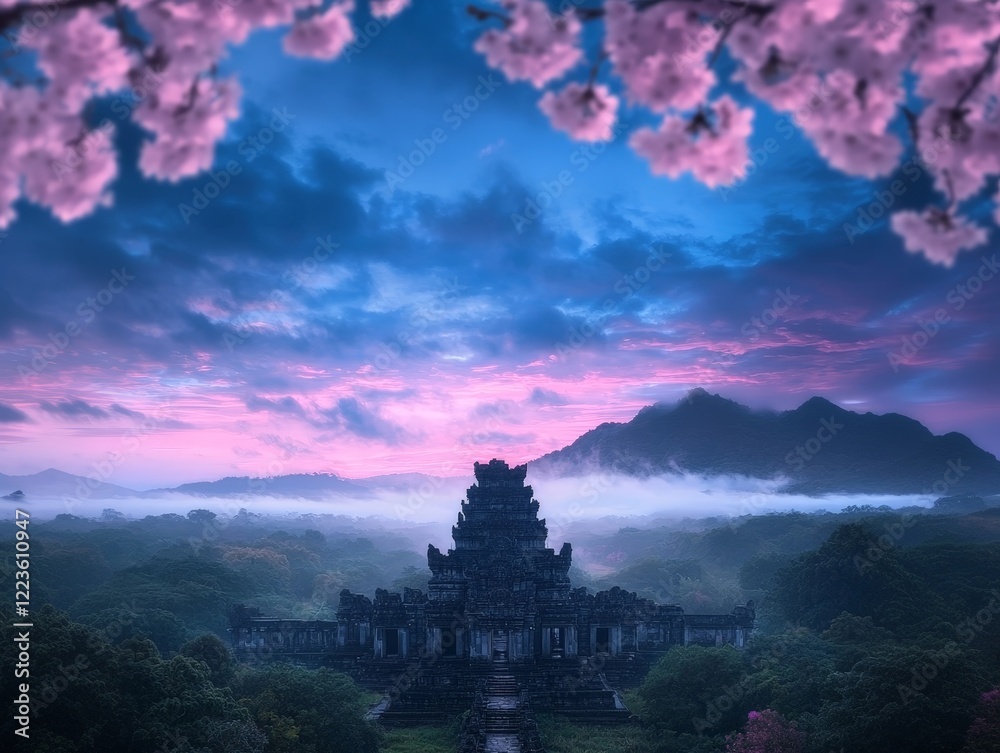 Serene Temple at Dawn with Cherry Blossoms