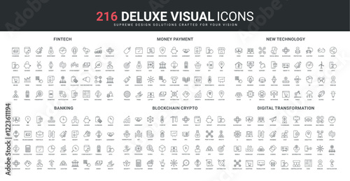 Fintech and blockchain, digital money payment and banking in mobile app, cryptocurrency line icon set. New futuristic technology, digitalization thin black outline symbols vector illustration