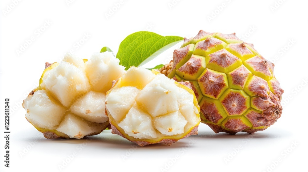 Exotic fruit, cut open, showing segments, leaves, white background; food photography Exotic fruit, cut open, showing segments, leaves, white background; food photography