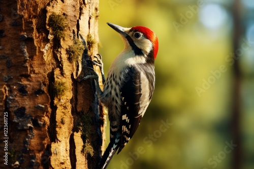 Middle spotted woodpecker perching on a tree trunk in the forest photo