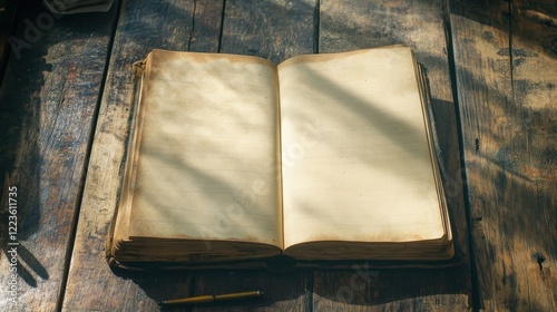 Vintage open book on rustic wooden table with sunlight and pen