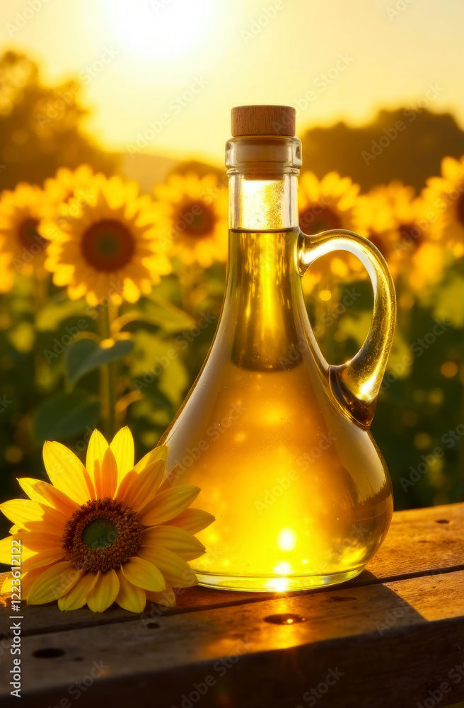 Sunflower oil in a glass bottle with a handle on a background of sunflowers Sunflower oil in a glass bottle with a handle on a background of sunflowers