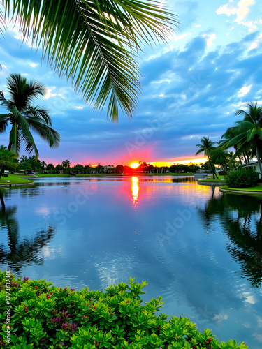 Serene sunset over tranquil waters of a lake in Coral Springs, Florida, surrounded by lush green palm trees and vibrant tropical foliage. photo