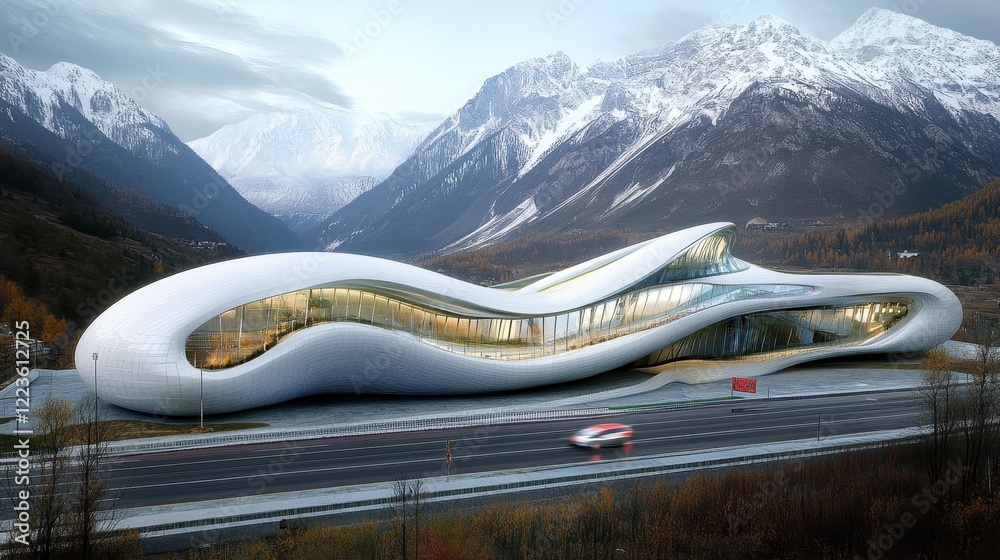 Futuristic Building Amidst Majestic Snowy Mountains