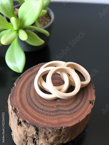 Unstained wooden rings are sitting on a piece of stained wood with a plant in the background. These rings are craft supplies. photo