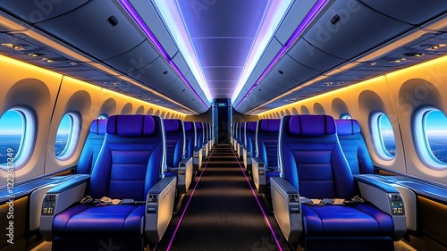 Aisle Perspective on the plane, A detailed shot of the airplane aisle, showing perfectly aligned seats, overhead compartments, and glowing cabin lights photo