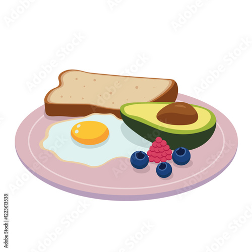 Beautiful healthy breakfast on a plate, isolate on white, flat style, cartoon