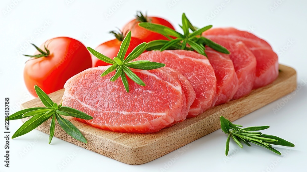 Sliced raw pork with rosemary and tomatoes. Food photography for recipes Sliced raw pork with rosemary and tomatoes. Food photography for recipes