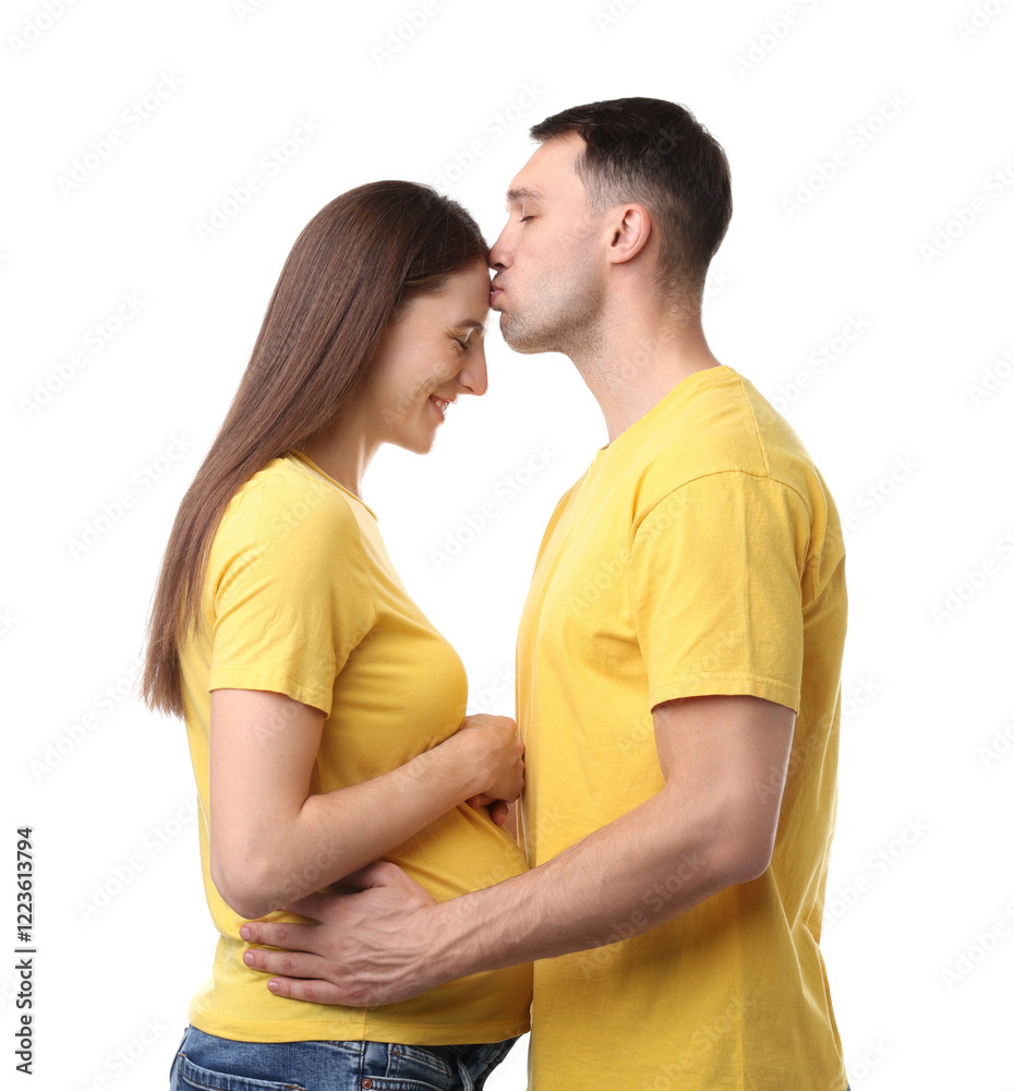 Fototapeta premium Pregnant woman and her husband on white background