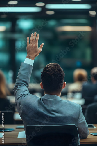 A businessman raising his hand to ask a question in a corporate meeting setting