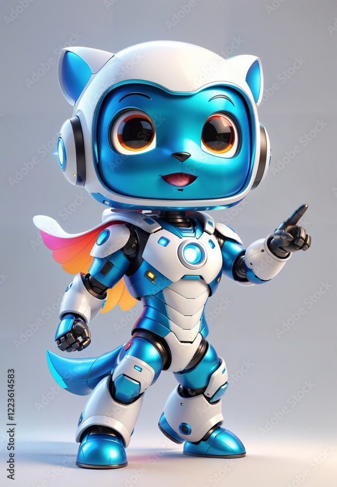 Adorable 3D robot, android Superhero in Action Pose - Ultra Detailed Render