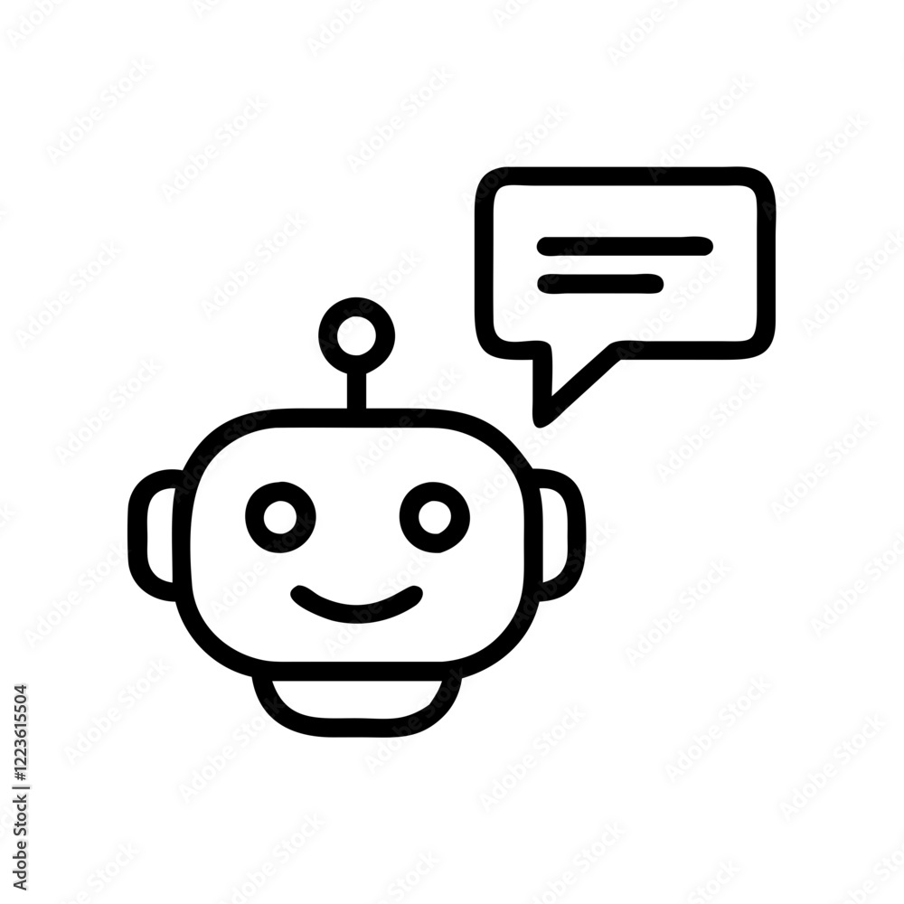 Friendly robot head with speech bubble representing a chatbot or AI assistant.Vector simple icon for websites and apps Friendly robot head with speech bubble representing a chatbot or AI assistant.Vector simple icon for websites and apps