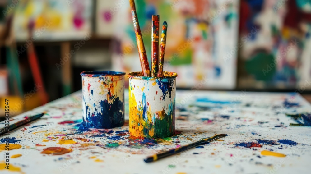 Vibrant paintbrushes and colorful paint cans in an artistic abstract setting Vibrant paintbrushes and colorful paint cans in an artistic abstract setting