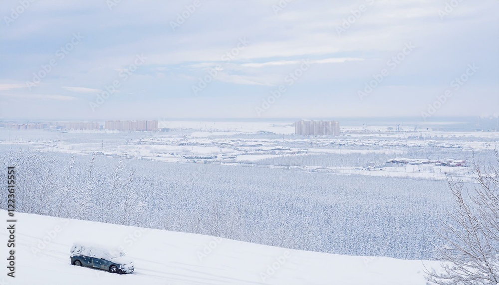 Obraz premium 폭설로 인해 도시가 눈에 파묻힌 모습, 건물들과 차량들이 눈 아래에 묻혀 있다