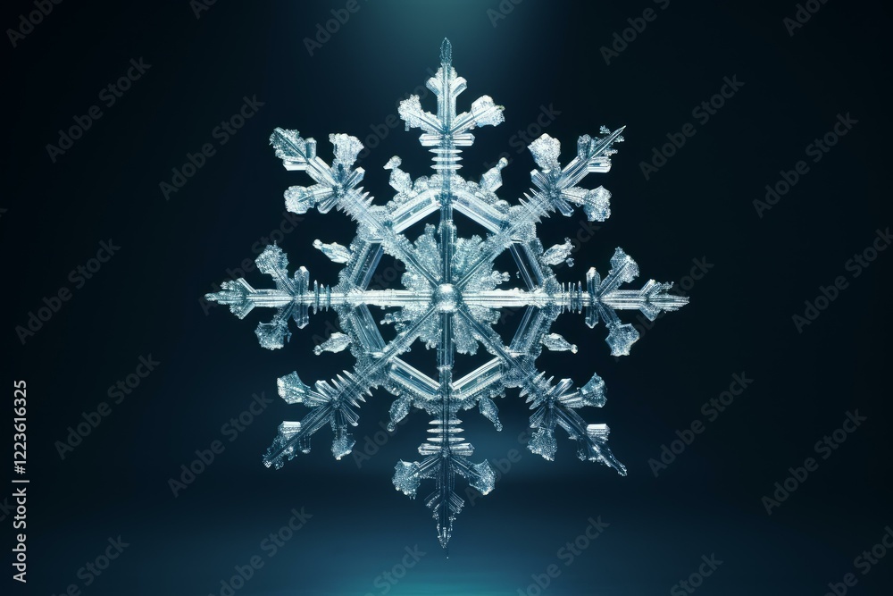 Detailed macro photograph of a snowflake crystal showing its complex and delicate structure, illuminated against a dark blue backdrop Detailed macro photograph of a snowflake crystal showing its complex and delicate structure, illuminated against a dark blue backdrop