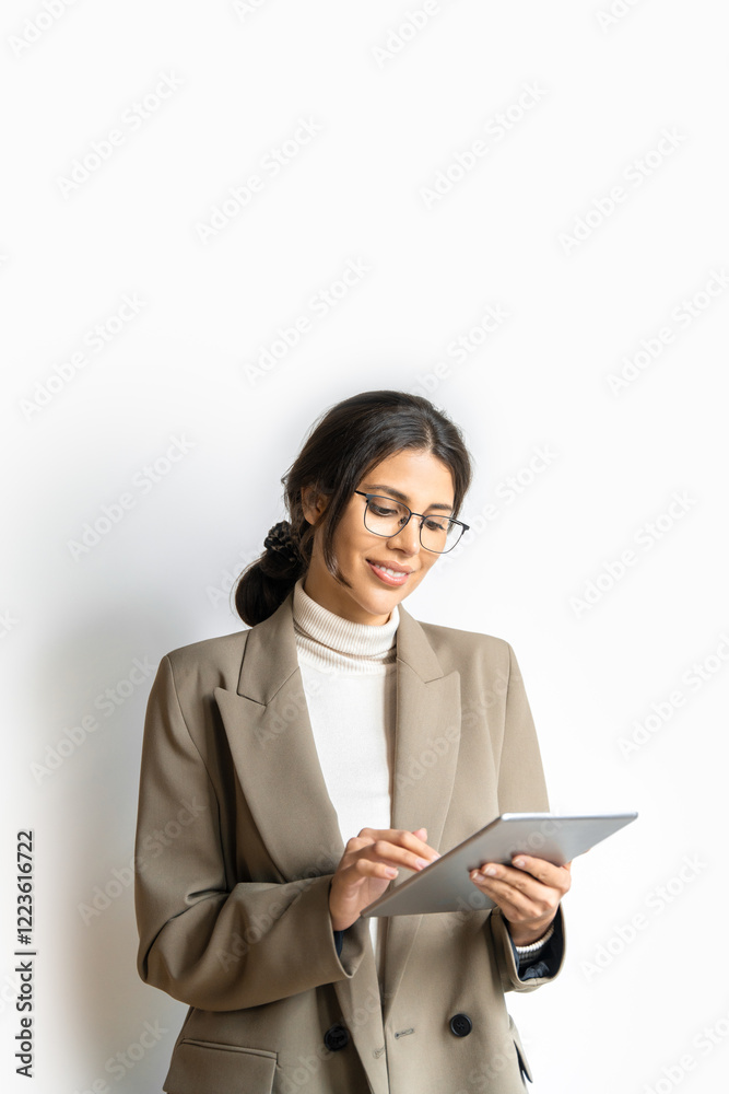 Vertical isolated portrait of young latin hispanic professional business woman working on tab pc computer. Middle eastern businesswoman holding digital tablet using pad application on white background Vertical isolated portrait of young latin hispanic professional business woman working on tab pc computer. Middle eastern businesswoman holding digital tablet using pad application on white background