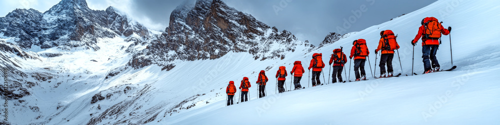 Obraz premium Skiers in red jackets and backpacks walk in a line up a snowy mountain slope. Concept of winter adventure and teamwork. For travel brochure.