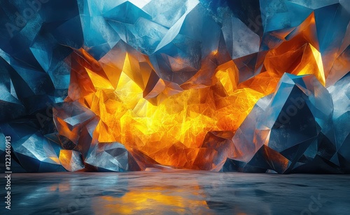 Complex Abstract Background with Low-Poly Shapes, Dark and Glowing Elements