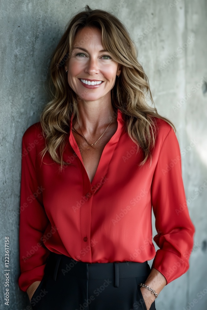 © Mediaphotos - Caucasian woman with long hair smiling while standing by concrete wall wearing red blouse and black pants creating warm and welcoming vibe