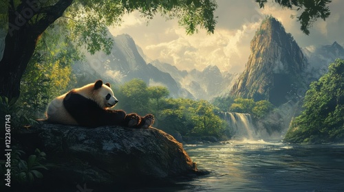 Majestic panda relaxing by a mountain river waterfall in lush forest landscape