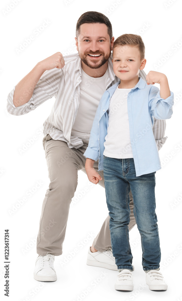 Happy father with his cute little son on white background Happy father with his cute little son on white background