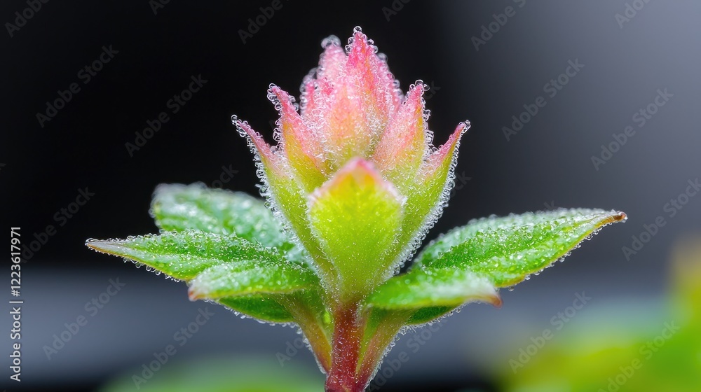Dew-covered flower bud, close-up, spring growth, garden background, nature photography Dew-covered flower bud, close-up, spring growth, garden background, nature photography