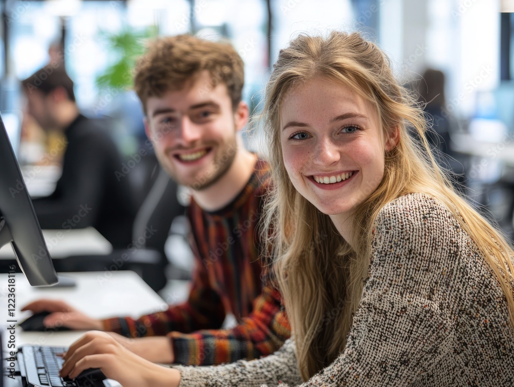 Young office colleagues collaborating enthusiastically at their computers in an open-plan workplace, their smiles reflecting teamwork. Young office colleagues collaborating enthusiastically at their computers in an open-plan workplace, their smiles reflecting teamwork.