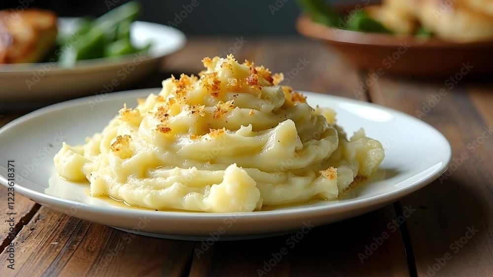 Creamy Mashed Potatoes with Toasted Breadcrumbs on White Plate Creamy Mashed Potatoes with Toasted Breadcrumbs on White Plate