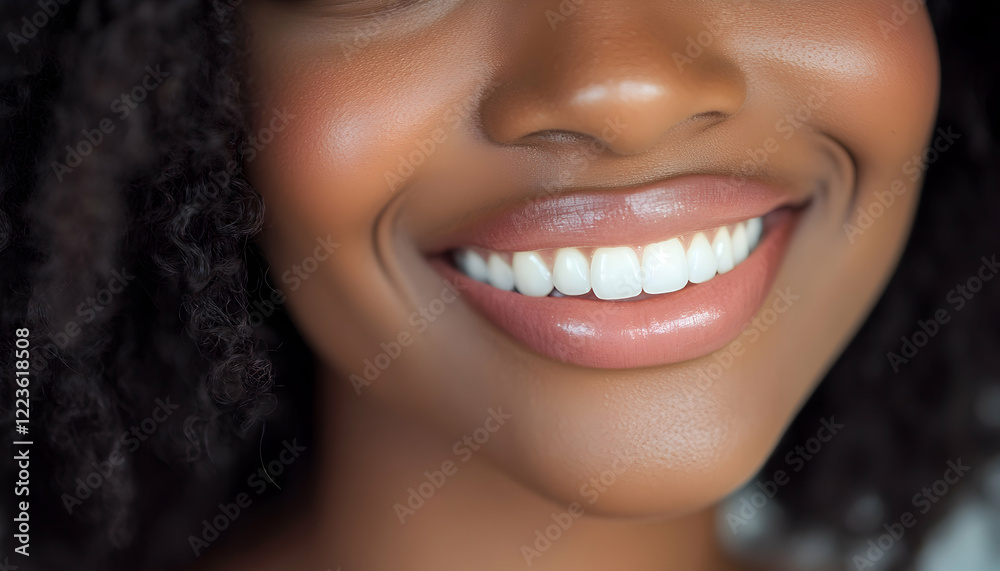Obraz premium A close-up of a woman's confident smile, her white teeth gleaming against her smooth complexion, copy space for text.