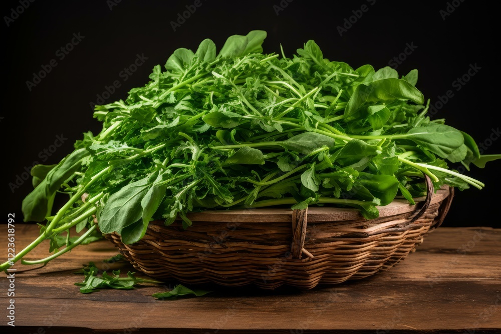 Fresh mizuna leaves spilling from a wicker basket, creating a vibrant display of healthy greens ready for culinary use Fresh mizuna leaves spilling from a wicker basket, creating a vibrant display of healthy greens ready for culinary use