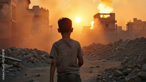 Boy Standing Amidst Ruins with Fire and Smoke at Sunset
