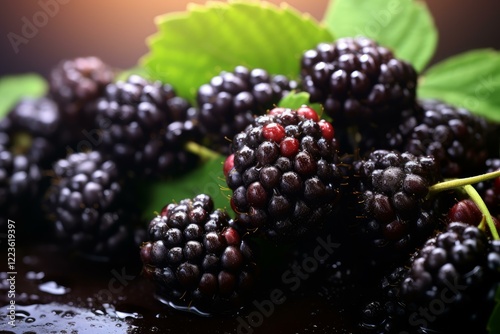 Ripe blackberries with water droplets sit on a dark, wet surface, accompanied by vibrant green leaves