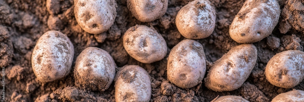 Freshly harvested potatoes in brown soil highlight the texture of earth Freshly harvested potatoes in brown soil highlight the texture of earth
