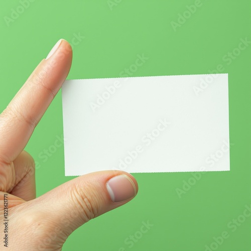 Hand holding blank eco-friendly label against green background, symbolizing sustainability photo