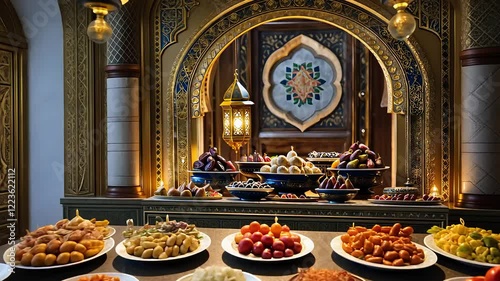 Luxurious Buffet with Traditional Middle Eastern Sweets and Fruits in an Ornate Golden Interior with Warm Lighting

 photo