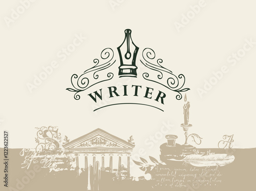 Vector banner or background on a writers theme in vintage style. Writer workspace with drawings and place for text. Artistic illustration with candle, inkwell, feather, architectural facade