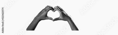 hands forming heart shape isolated on white background trendy y2k pop art style retro magazine vintage halftone dotted texture cutout collage element for mixed design
