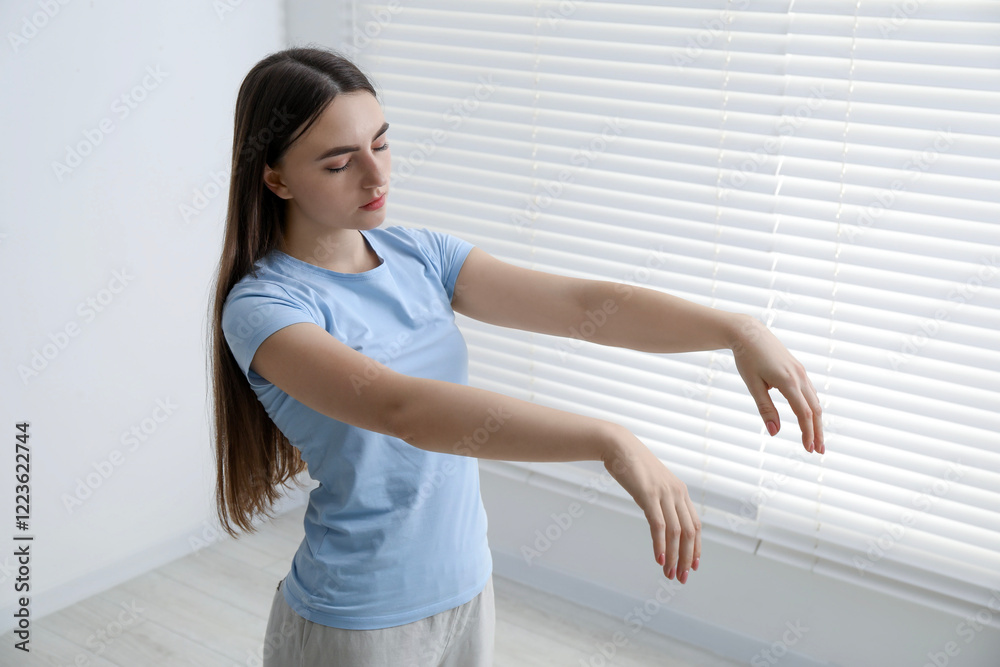 Young woman suffering from sleepwalking at home Young woman suffering from sleepwalking at home
